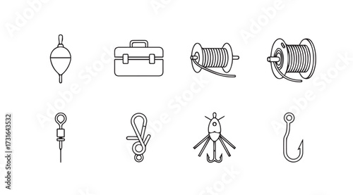 Collection of fishing equipment icons in a simple line drawing silhouette style
