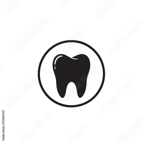 A minimalist black tooth icon encircled, representing professional dental care, oral hygiene, and essential medical health services for modern clinics and digital media.