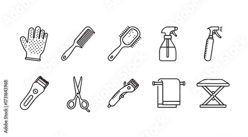Collection of hand drawn barber and hairdresser tools in silhouette style