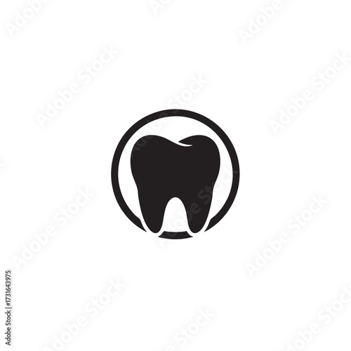 A clean, minimalist black silhouette of a healthy human tooth, perfectly centered within a bold circular outline, symbolizing essential dental care and modern dentistry.