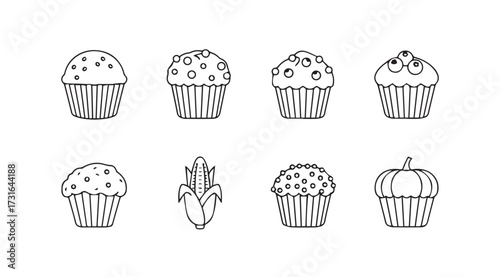 Collection of eight hand drawn dessert and food silhouettes in black and white