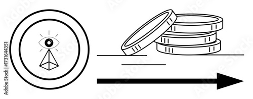 Circular eye with pyramid radiating light, next to stacked coins and arrow. Ideal for vision, innovation, financial growth, business strategy, investment, future planning, simple flat metaphor