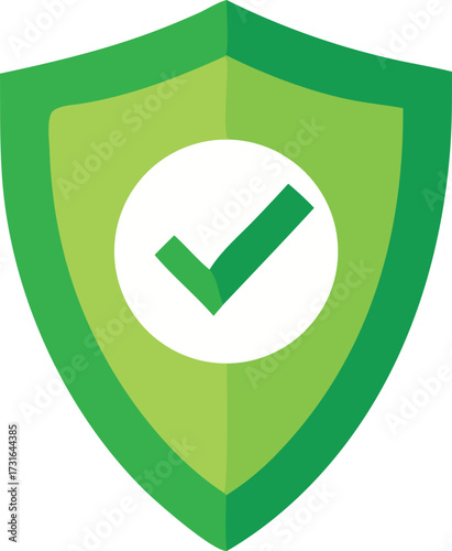 Green shield with checkmark icon representing security safety and verified status for digital or physical protection