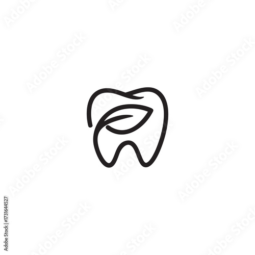 A clean, minimalist line art illustration depicts a healthy tooth with a delicate leaf, symbolizing natural and eco-friendly dental care and holistic oral wellness.