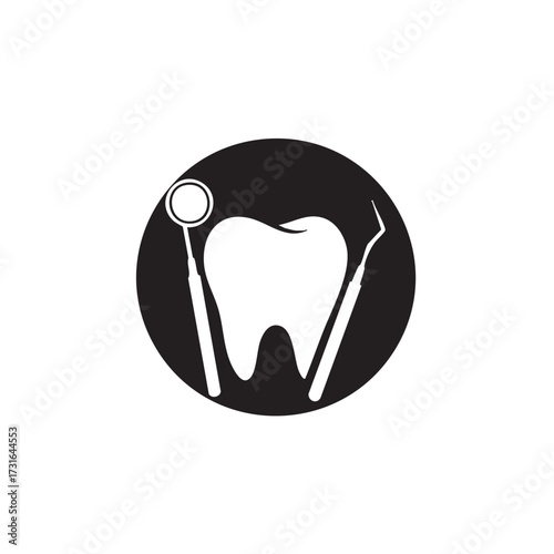 A pristine white tooth, framed by a dental mirror and probe within a bold black circle, symbolizes professional oral health, hygiene, and dentistry.