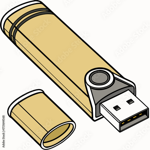 Illustration of a USB Flash Drive with Golden Case and Silver Tip for Data Transfer and Storage
