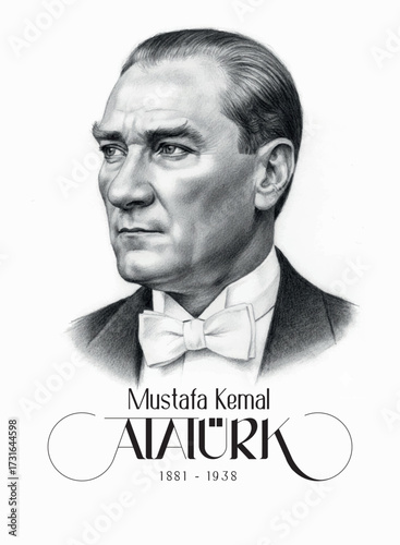 Mustafa Kemal Atatürk Vector Portrait. Founder and First President of the Republic of Turkey. Pencil Sketch Style Illustration.