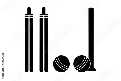 Simple black silhouette of cricket stumps and two balls on a white background representing the sport of cricket