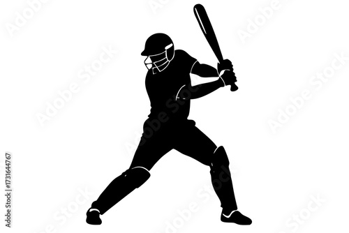 Silhouette of a cricket batsman in protective gear swinging a bat ready to hit the ball during a match