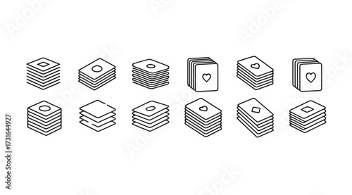 Collection of isometric playing card deck icons in a simple line drawing silhouette style