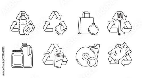 Collection of hand drawn recycling symbols with common household waste items silhouette