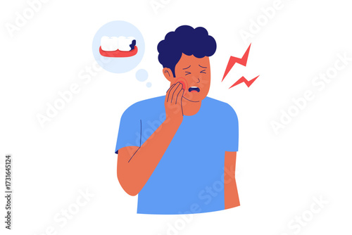 Illustration of Toothache and Dental Pain. Man Suffering from a Broken Tooth and Oral Discomfort Needing Treatment