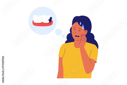 Illustration of Toothache and Dental Pain. Woman Suffering from a Cracked Tooth and Oral Discomfort Needing Treatment