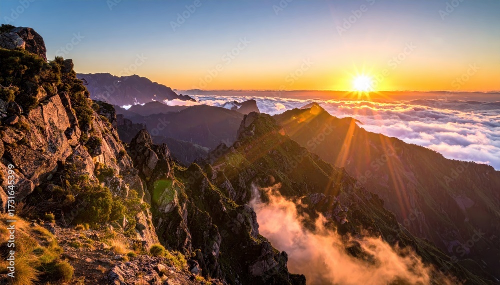 Fototapeta premium Majestic mountain range illuminated by the golden light of the rising sun, with clouds filling the valley below, creating a breathtaking landscape with vibrant colors and a tranquil, awe-inspiring...