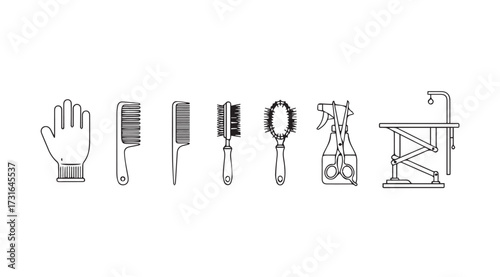 Collection of vintage barber tools and salon equipment in a line silhouette