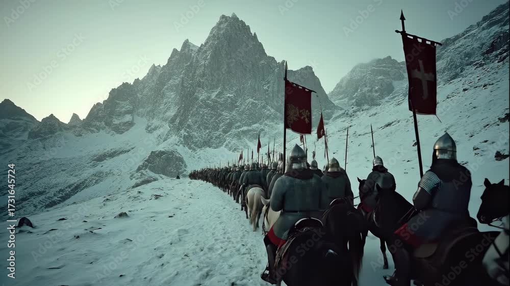 An army of medieval knights riding horses through a snowy mountain pass ...