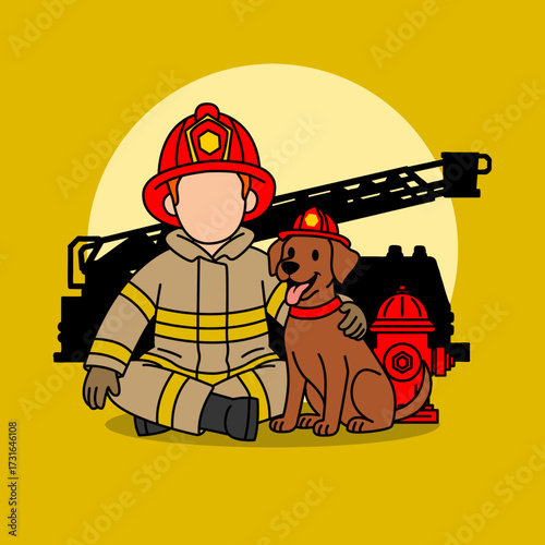 A firefighter embraces a brown dog as a firefighter friend with a fire hydrant and a fire truck. Perfect for celebrating National Fire Pup Day on October.