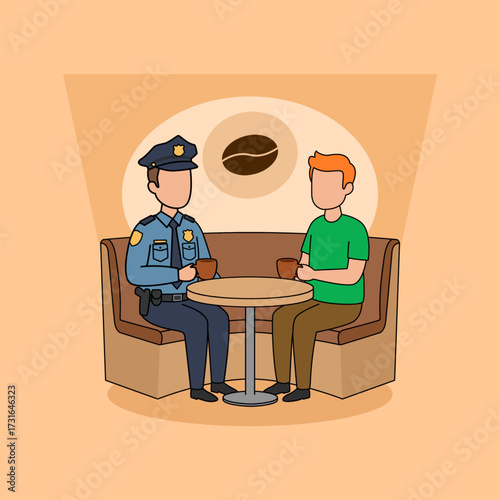 A police officer enjoying coffee with a civilian at a coffee shop. Perfect for celebrating National Coffee with a Cop Day on October