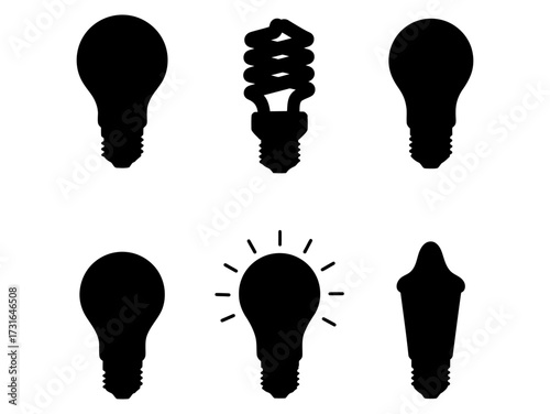 Set of different light bulbs silhouettes, ideal for energy, electricity, and illumination concepts