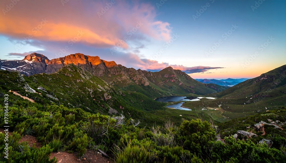 Naklejka premium Panoramic mountain vista at sunrise