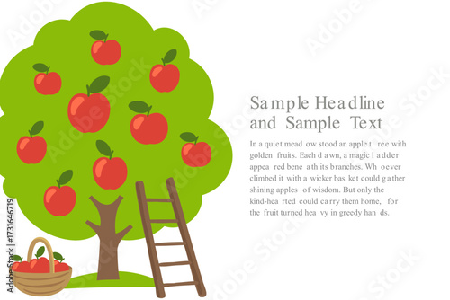 Bright red apples hang from a lush green tree in a sunny meadow with a wooden ladder and a basket below
