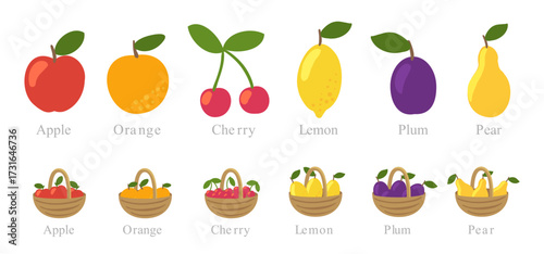 Colorful display of various fruits including apples, oranges, cherries, lemons, plums, and pears in baskets