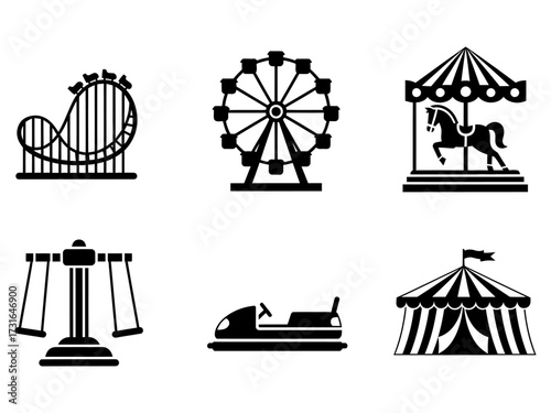 A captivating collection of classic amusement park rides and thrilling carnival attractions presented as sleek graphic icons