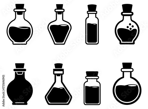 Diverse selection of charming graphic bottles with stoppers, perfect for magic potions, elixirs, and essential oils