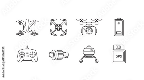 Collection of drone and accessory icons in a clean line art silhouette style