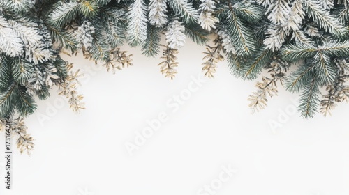 Frosted Evergreen Branches on White Background for Holiday Theme
