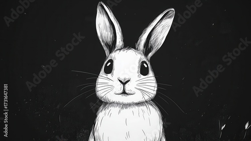 Cute Rabbit Illustration on Dark Background in Black and White Style