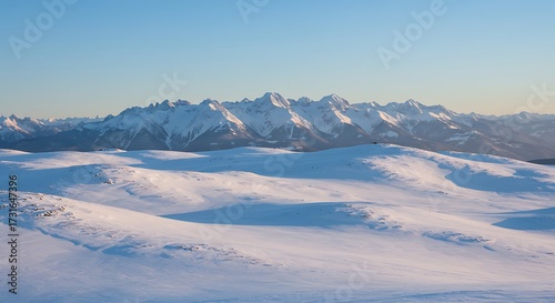 Snowy mountain range scene with snow covered hills under a clear sky