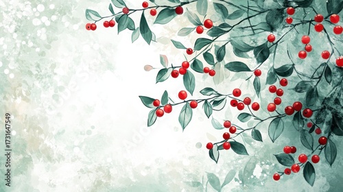Vibrant Red Berries and Green Leaves on Soft Abstract Background