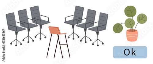 Office chairs arranged symmetrically near an elevated orange barstool, potted plant, and Ok button. Ideal for workplace layout, teamwork, modern design, ergonomics, approval, minimalism simple flat