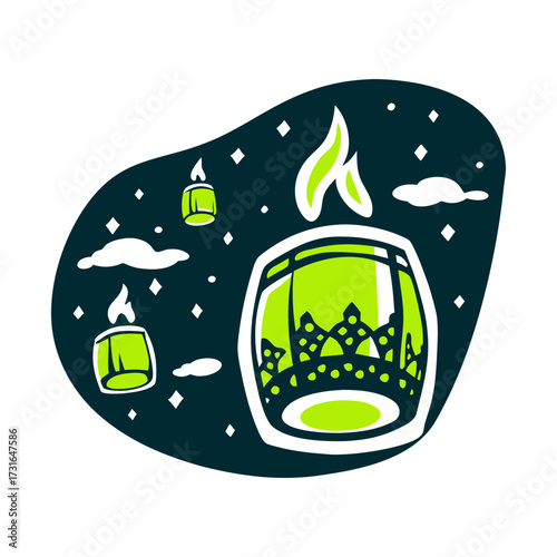 Yi Peng Lantern Festival Illustration Yi Peng Lantern Festival Warm yellow khom loi sky lantern with floating flame accents
