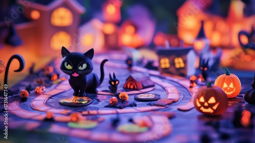 Enchanting Halloween Scene with Cat, Pumpkins, and Spooky Village