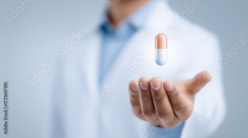 Medical professional in a white coat is presenting a floating capsule above an open hand, illustrating the concept of healthcare and pharmaceutical innovation in a clinical setting