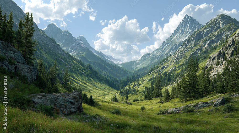 Fototapeta premium Panoramic view of a green mountain valley with pine forest.