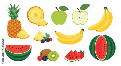 A vibrant assortment of fresh pixel art fruits including pineapple watermelon apples bananas blueberries kiwi and strawberries.