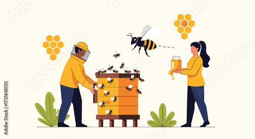 Beekeepers working together at a beehive collecting honey.
