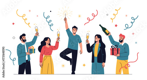 A group of friends celebrating a special occasion with champagne and confetti.