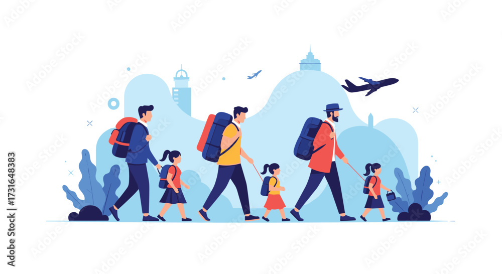 Fototapeta premium Families Traveling with Backpacks and Airplane Illustration.