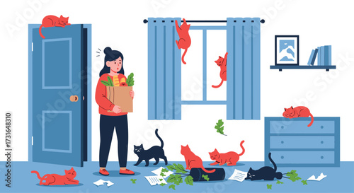 A woman enters a room filled with playful cats.