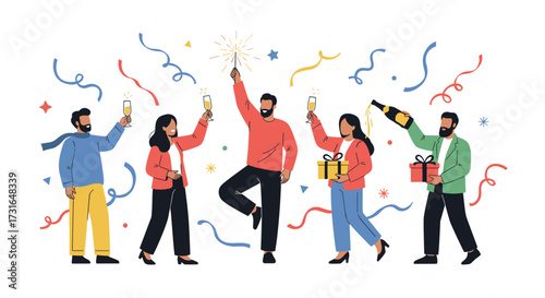 A group of friends celebrating a special occasion with gifts and champagne.
