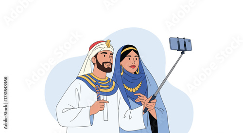 Ancient egyptian couple dressed in traditional attire taking a selfie with a smartphone on a selfie stick.