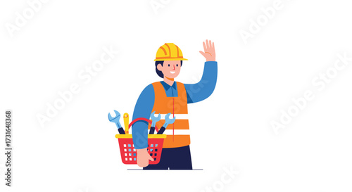A construction worker in a hard hat and safety vest waves.