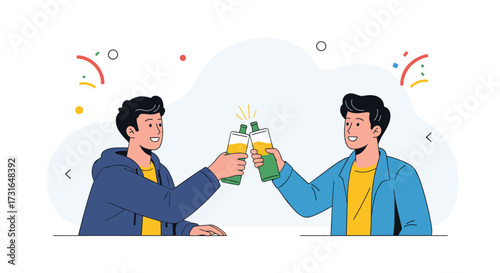Two young men clinking glasses in celebration and cheer.