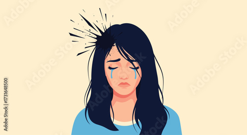 A woman crying with dark thoughts radiating from her head.