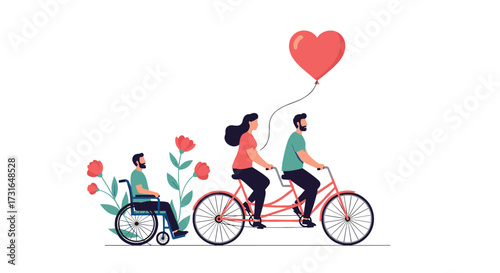 A family enjoys a bike ride together with a heart balloon.