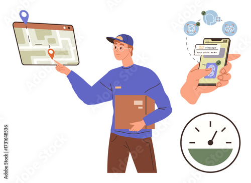 Courier holding package, pointing at digital map, tracking delivery via smartphone. Ideal for logistics, courier services, technology, navigation, e-commerce time management communication. Simple